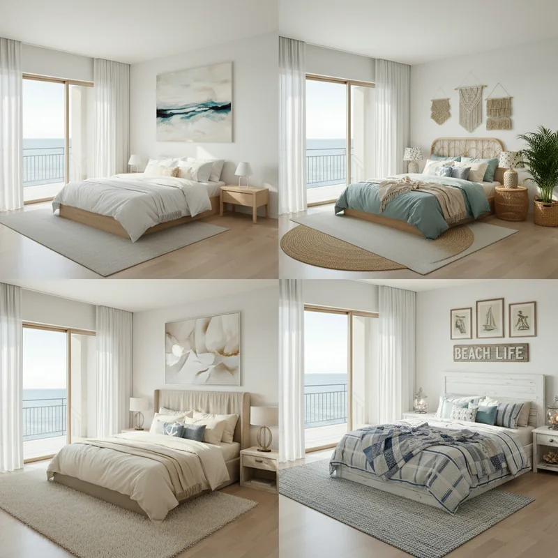 Furnish the bedroom with a bed and additional furniture and decorations, and create a 2x2 image showing four variations of...