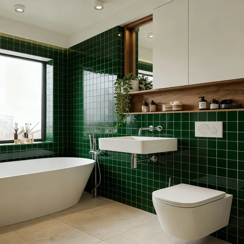 Apply the green tiled walls from image 2 on image 1's bath room and recreate image 1 with the new look.