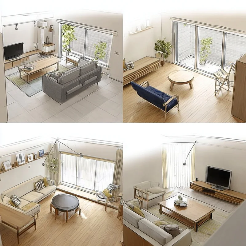 Explore different furniture layout and design styles of this room, rearrange the furniture placement, decoration styles, a...