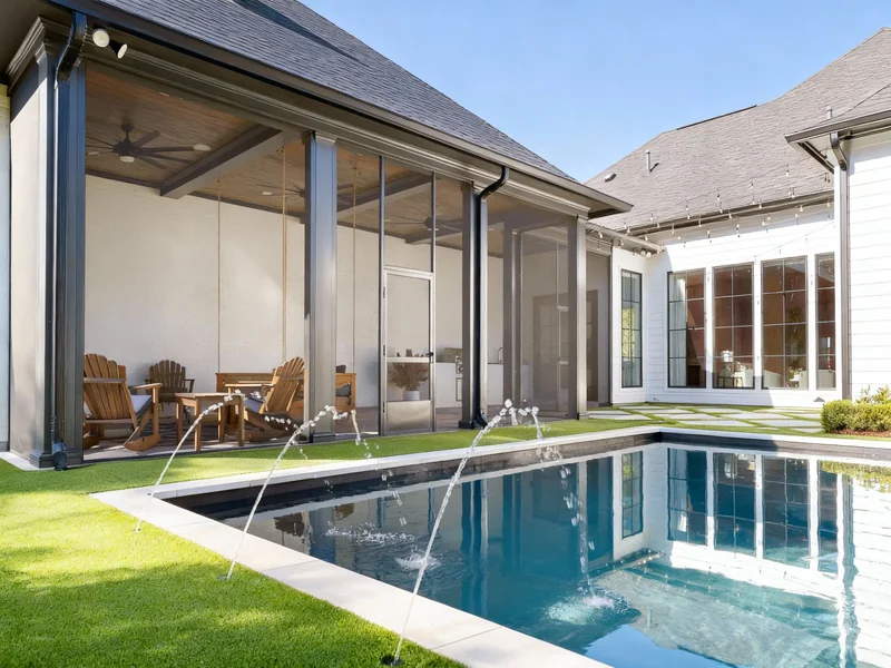 Enhance the image of a modern backyard with a pool and screened patio to look bright and high-end, similar to hotel or lux...