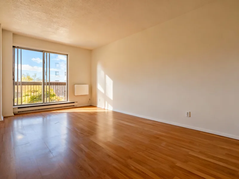 Refine this interior photo to achieve a balanced, HDR-style real estate look. Reduce overexposure from the windows and rec...