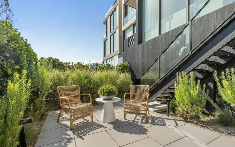 Add two woven lounge chairs to the outdoor space, positioned diagonally across from each other, creating an intimate conve...