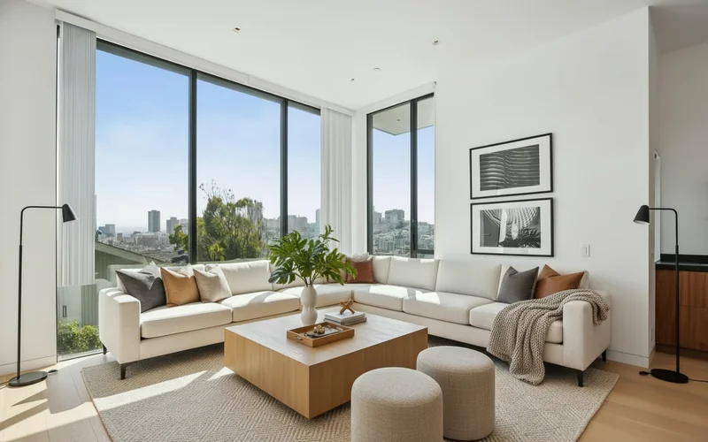 Furnish the room by having the living room arranged around a large square wooden coffee table centered on a light woven ru...