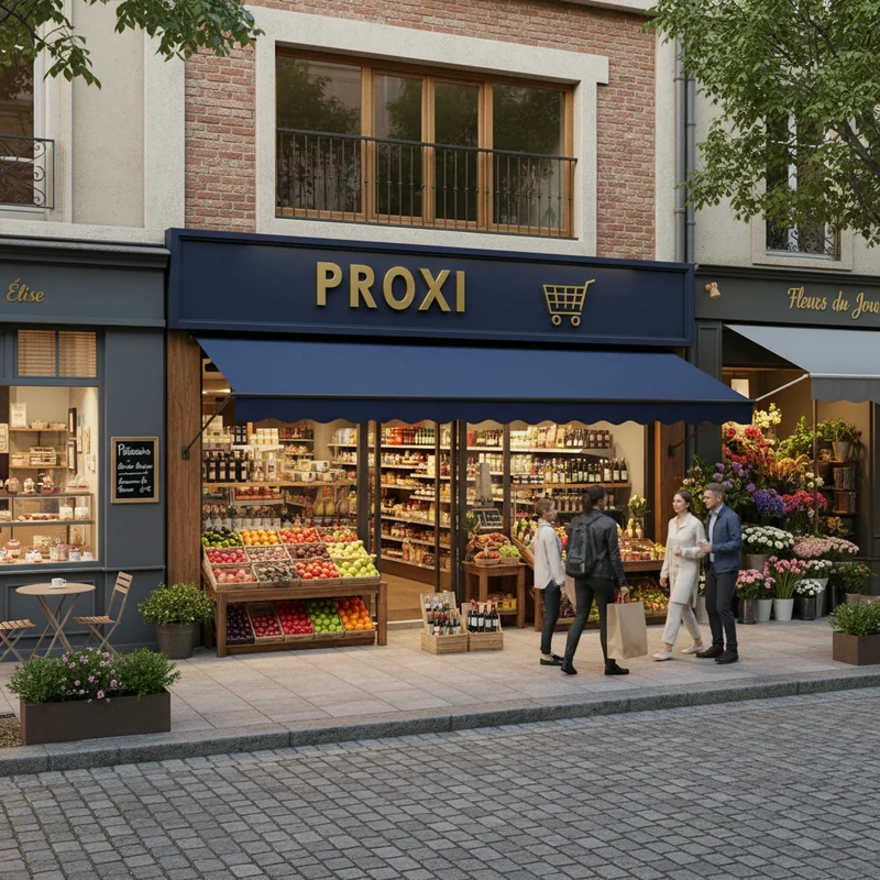 Turn this line drawing of a shop into a realistic photo with a front view, and add peripheral shops around the main one. m...