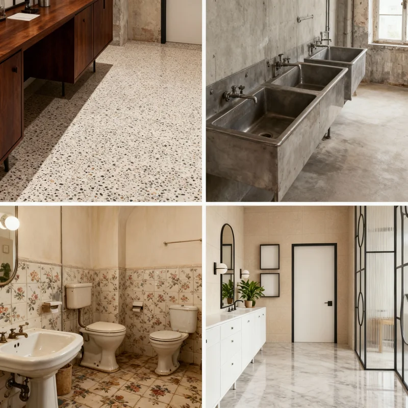 Let's redesign this bath room with different furniture and materials, create a 2x2 grid with variations of the design on d...