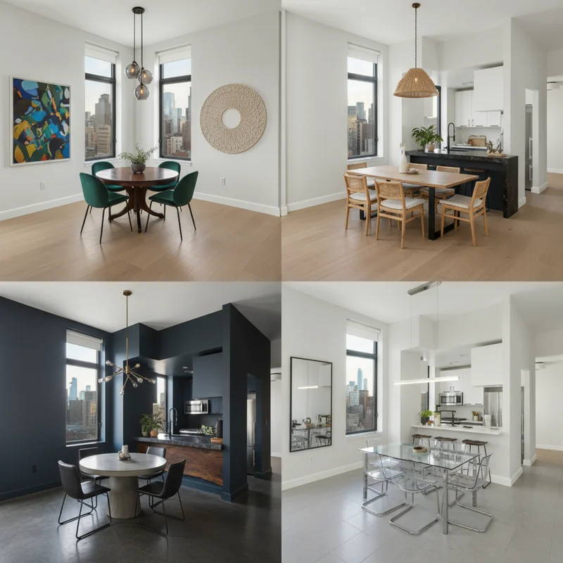 Let's redesign this dining room with different furniture and materials/decorations, create a 2x2 grid with variations of t...