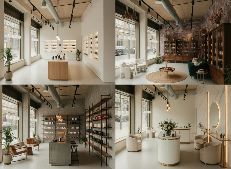 Furnish the retail space for a perfume brand, and generate a 2x2 grid with four different design variations on the layout ...