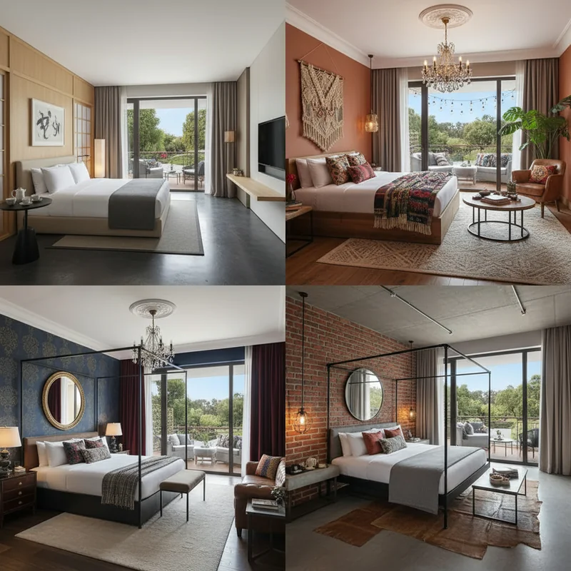 Redesign the hotel room with different decor styles, wall materials and furnitures, generate a 2x2 grid with four differen...