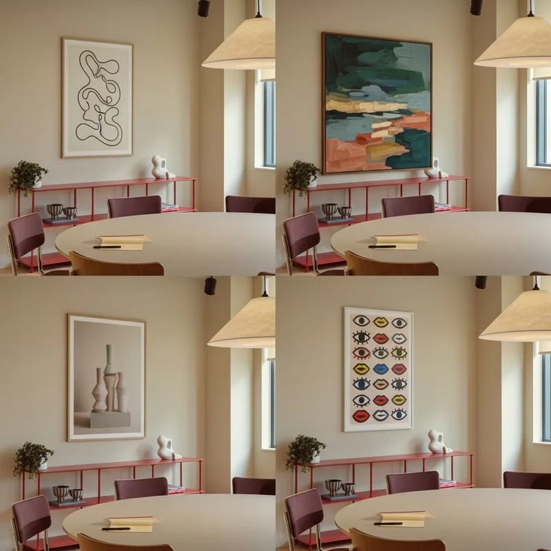 Replace the painting on the wall with other design or style and keep the rest of the room unchanged , but create a 2x2 gri...