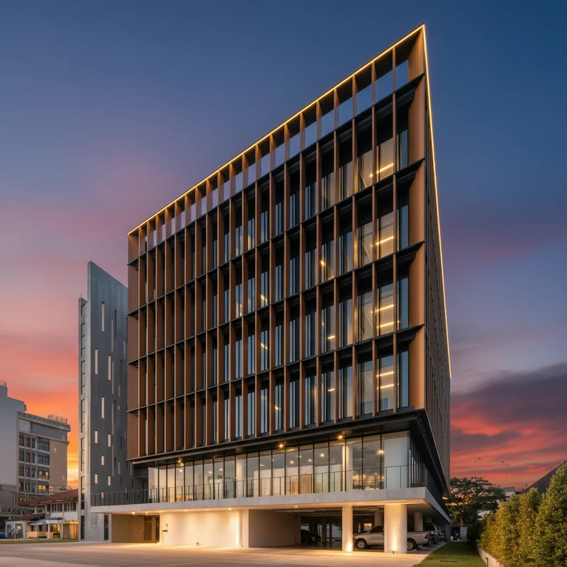 Convert this daytime photo to a beautiful dusk/twilight scene. dramatic sunset sky, turn on all interior and exterior ligh...