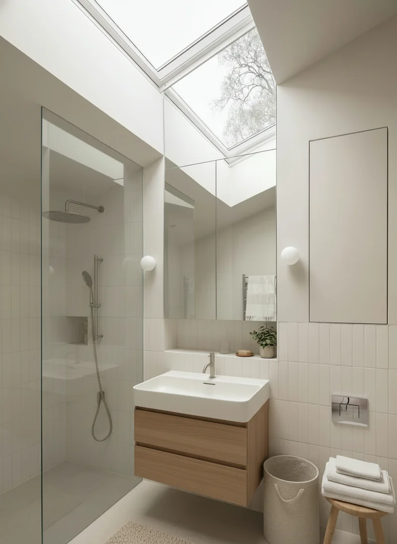 Furnish this bathroom with minimalist Scandinavian-style details that mainta serene, light-filled atmosphere. slim floatin...