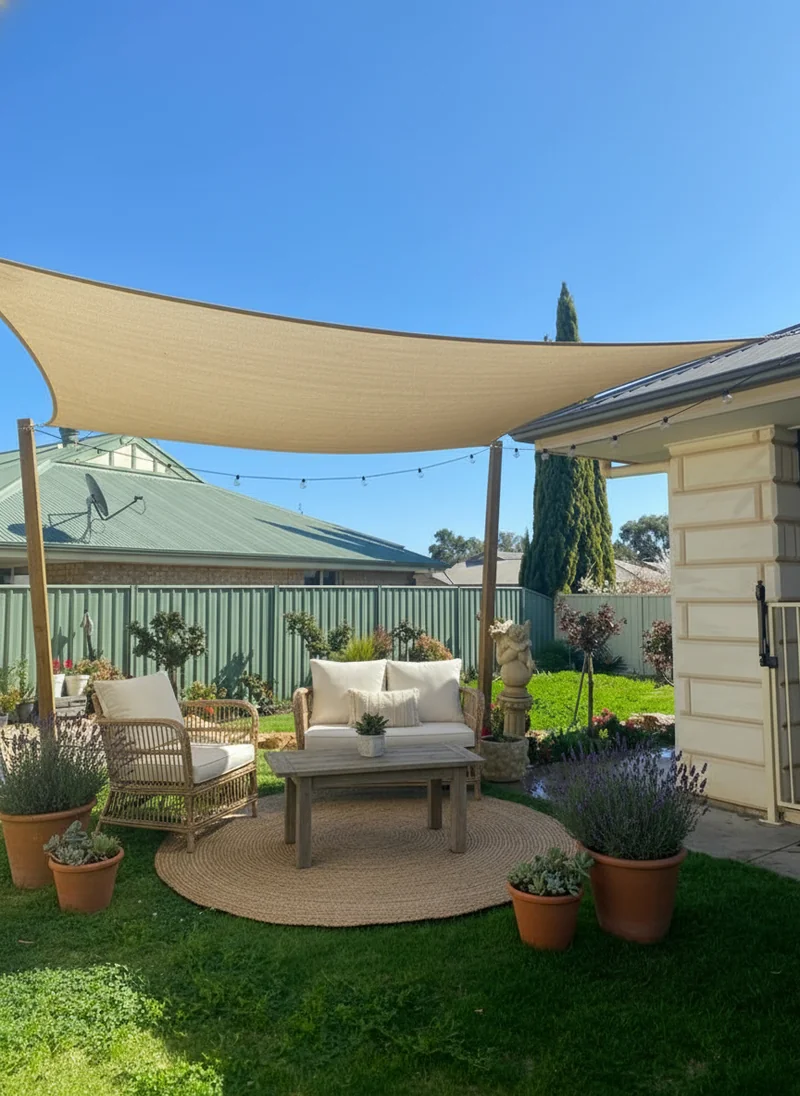 Transform the garden into a cozy boho-farmhouse outdoor lounge. small outdoor seating area with rattan armchairs and off-w...