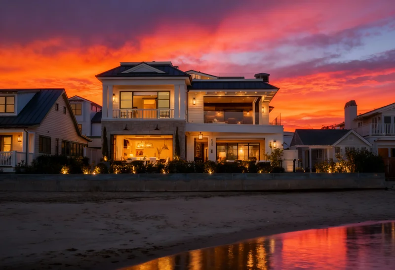 Convert this daytime photo to a beautiful dusk/twilight scene. dramatic sunset sky, turn on all interior and exterior ligh...