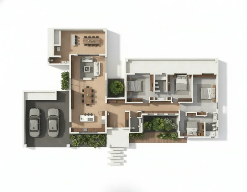 Turn this CAD line drawing into a full rendering of the same house layout, but with real materials and colours applied to ...