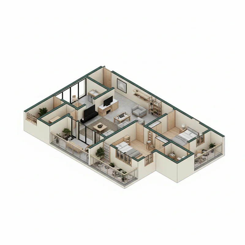 Turn this 3D CAD line drawing into a full 3D isometric rendering of the exact apartment layout, but with real materials an...