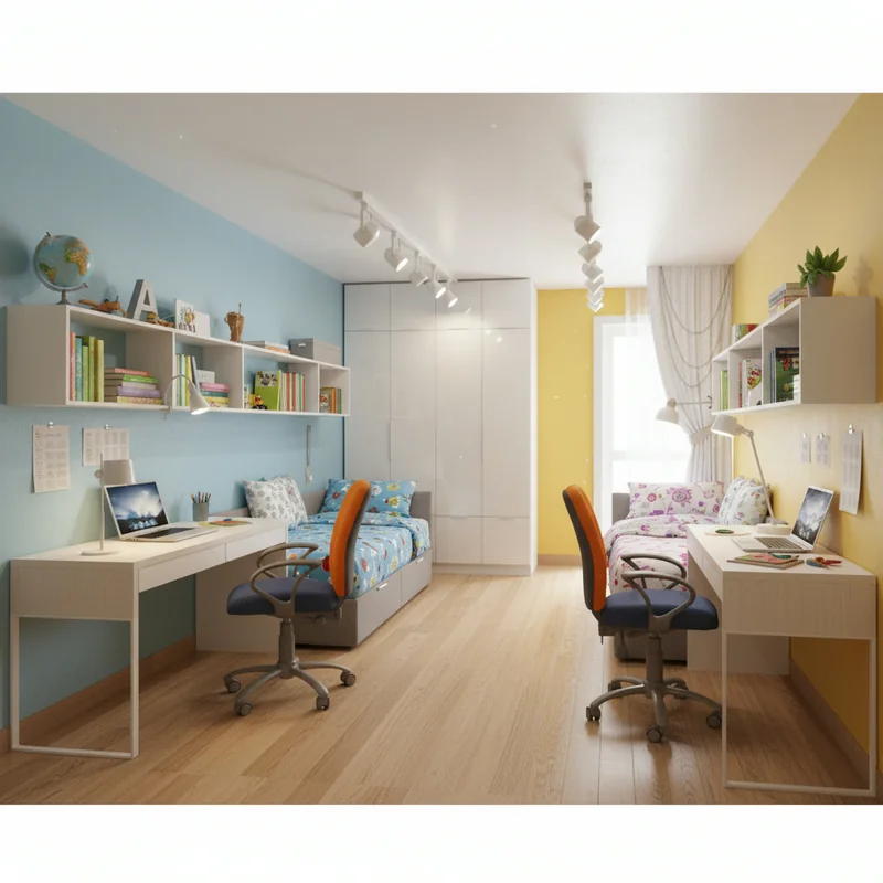 Trace on this line drawing of the kids room and render it into a fully decorated realistic photo, apply real and premium m...