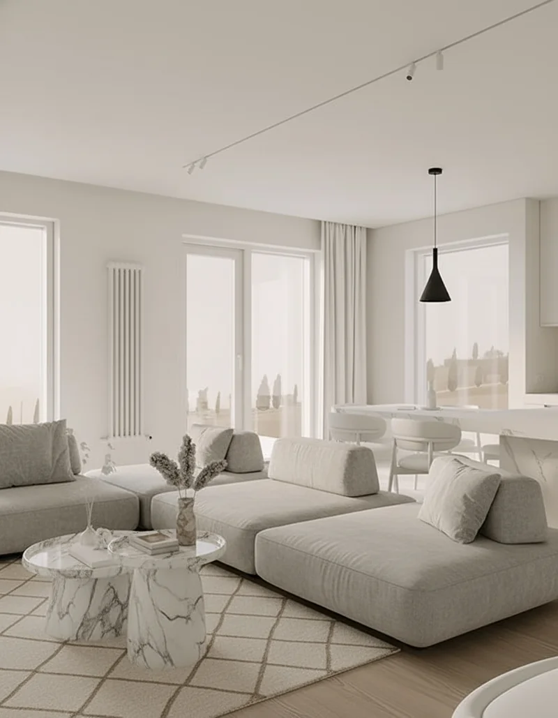 Based on this white model of the living room and render it into a fully decorated realistic photo, apply real and premium ...