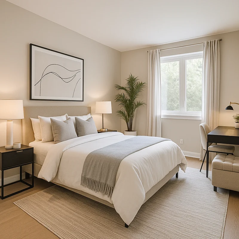 Based on this bedroom floor plan and render it into a fully decorated realistic photo from the bottom left corner of this ...