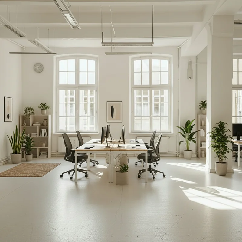 Let's add multiple rows of wooden desk furniture with chairs and desktop monitors. Add green plants on the side of desks w...