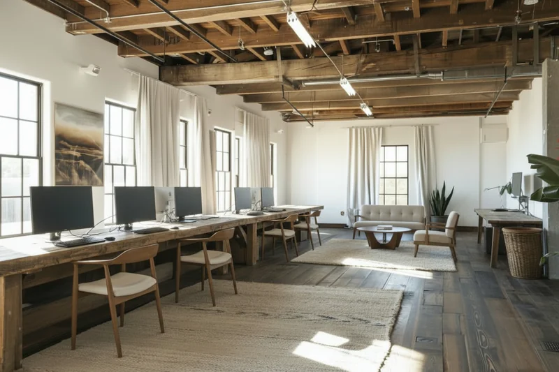 Add monitors on the wooden desks, and add chairs to each section. place a small lounge area at the far end below the window.