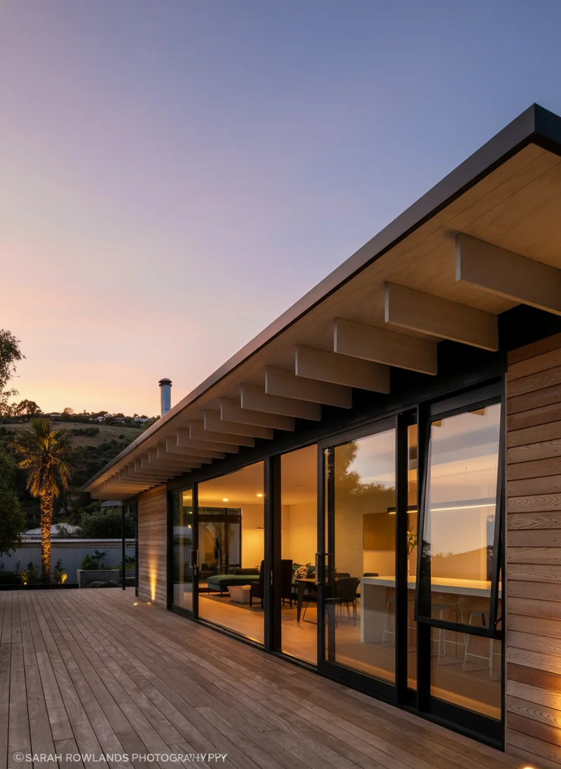 Convert this daytime photo to a beautiful dusk/twilight scene. beautiful gradient sunset sky, turn on all interior and ext...