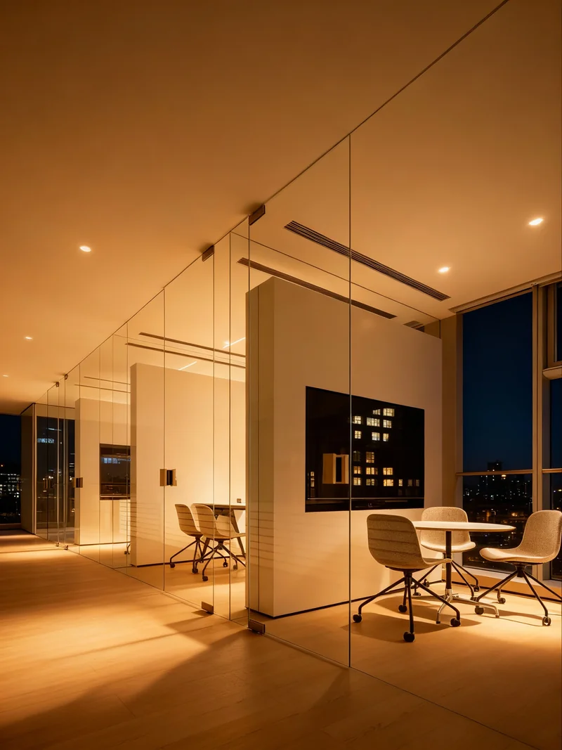 Turn the office into night time, turn on all the lights room to illuminate the room evenly, adjust the interior lighting a...