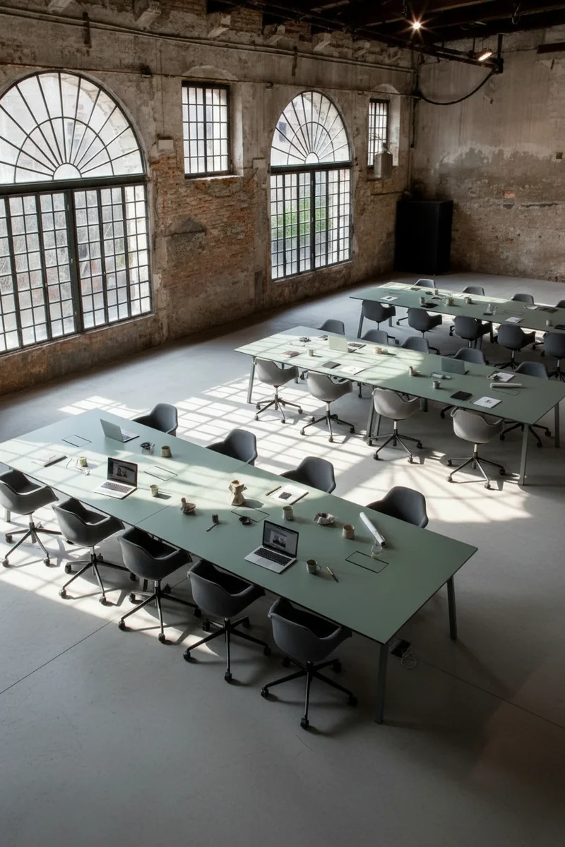 Fill the room from image 1 with the long desk and chairs from image 2, place 3-4 of the same desk to fill the space.