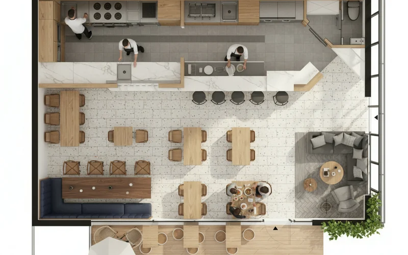 Trace on this diner interior, and turn it into a fully rendered realistic photography of the 2D view. Fill it with real co...