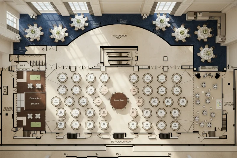 Trace on this theatre interior, and turn it into a fully rendered realistic photography of the 2D view. Fill it with real ...