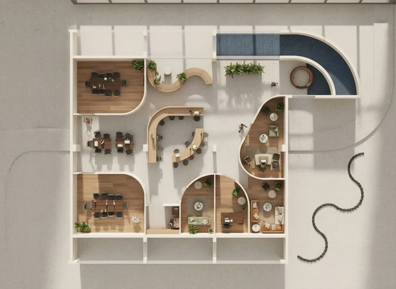 Trace on this retail space floor plan, and turn it into a fully rendered realistic photography of the 2D view. Fill it wit...
