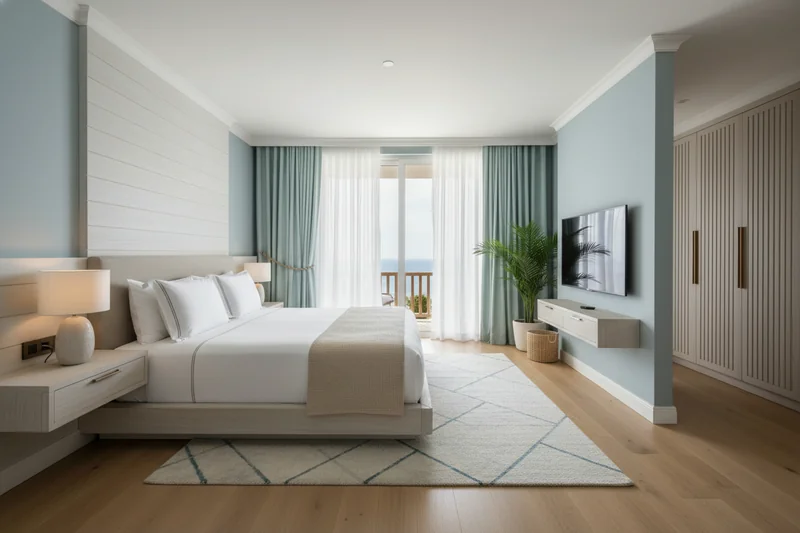 Trace on this line drawing of the coastal hotel bedroom and render it into a realistic photo, apply real and premium mater...