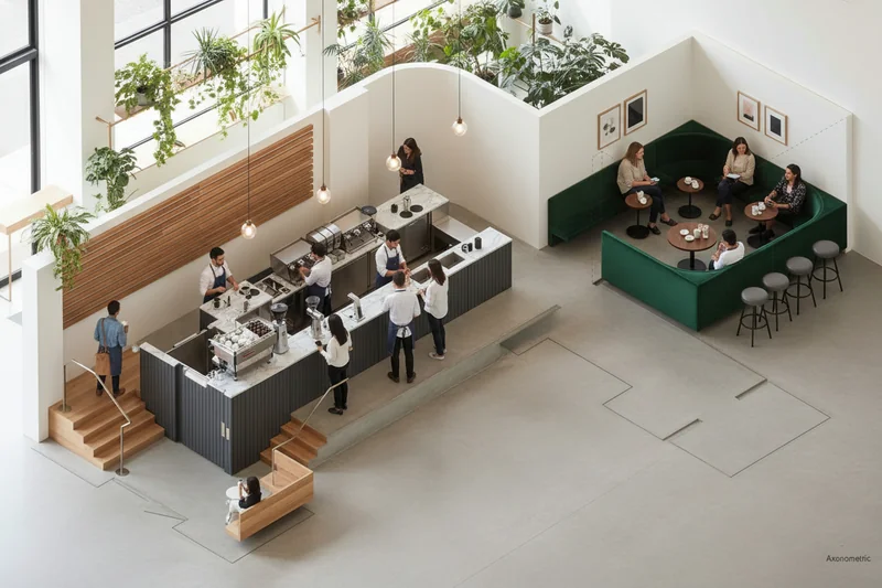 Trace on this isometric line drawing of a coffee shop and render it into a realistic photo, apply real and premium materia...