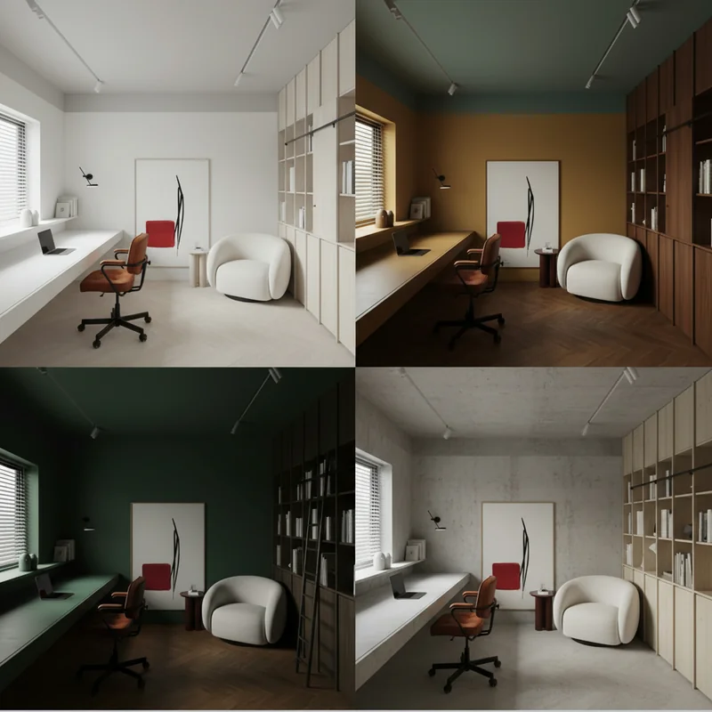 Redesign this home office space with 4 different style variations on wall colour theme and bookshelf material. make a 2x2 ...