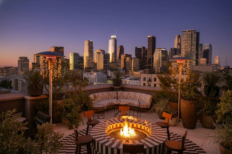 Turn this rooftop photo into a evening time photo, with gradient dark night time sky, background skyscrapers lights up, th...