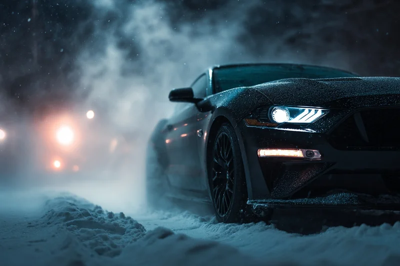 photography, dynamic front side composition, matte black carbon tecture Mustang GT, winter night background, heavy snow, l...