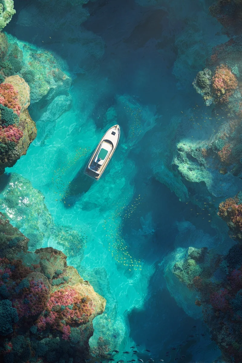 aerial shot, crystal clear underwater canyons on leisurely floating boat, tropical fish that follow the boat, under the co...