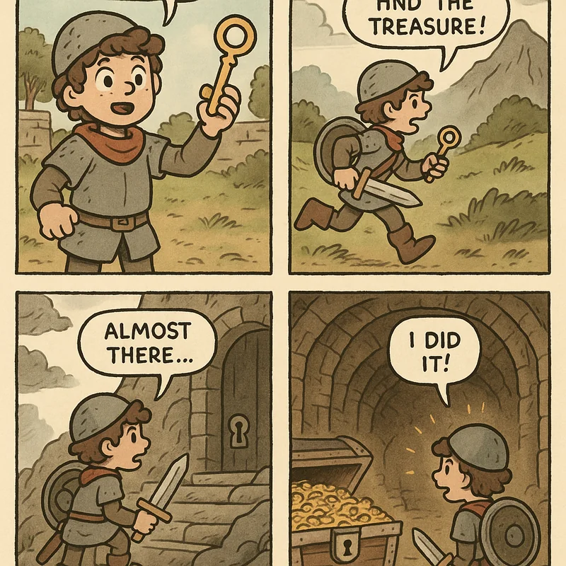 Create a single page comic or graphic novel covering an entire story of a boy who finds a lost key and goes on an adventur...