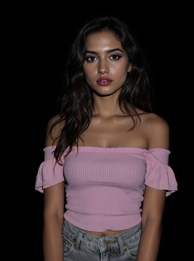 A young woman with olive skin and loose, wavy brown hair stands in a stark black studio, wearing a pink off-the-shoulder t...