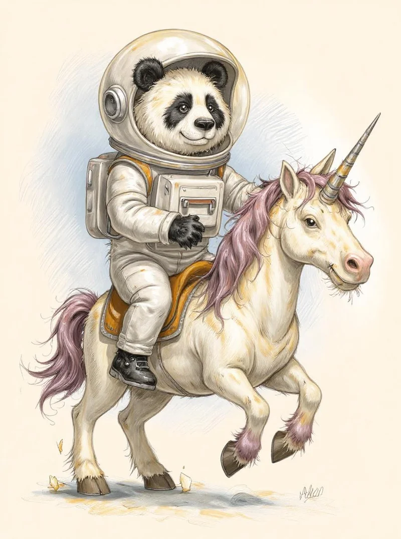 Using this style, a panda astronaut riding a unicorn