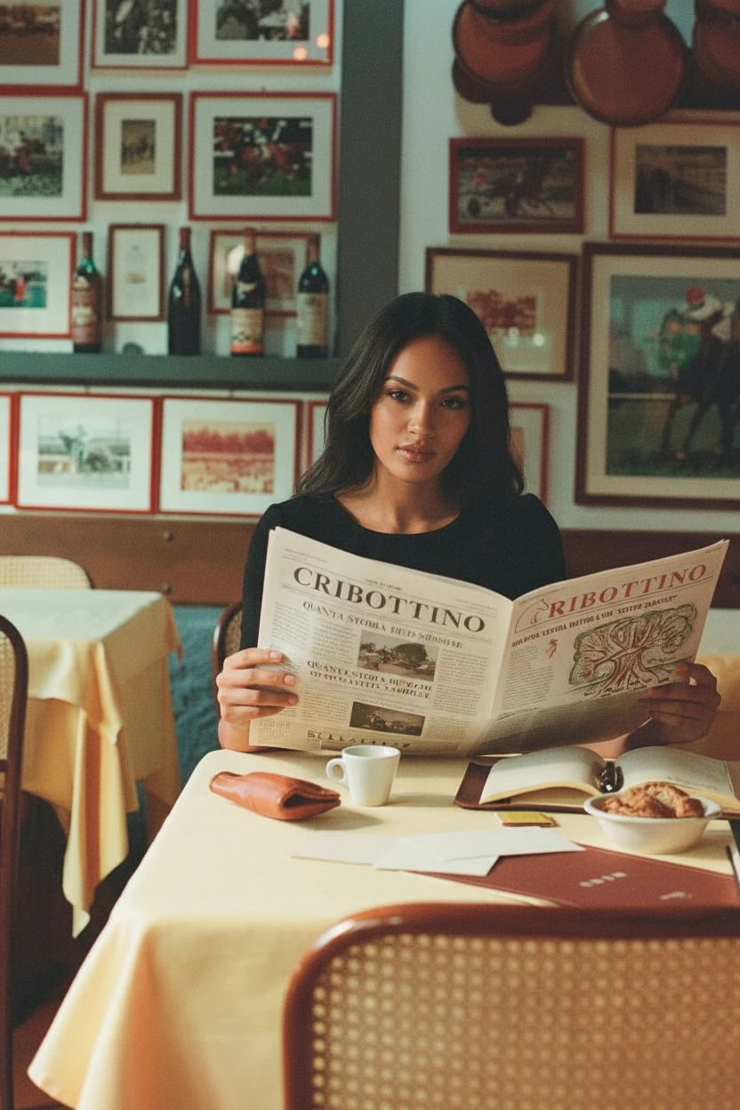 Create a photo of the woman in image 1, but in the camera composition and film photo filter style from image 2, with the woman from image 1 siting on  the chair of image 2 reading news papers, wearing a black dress, with natural light coming from the side, in a film camera style with soft grains, 90s photo style, shot in the same angle and fov as image 2, warm tone with accurate white balance.