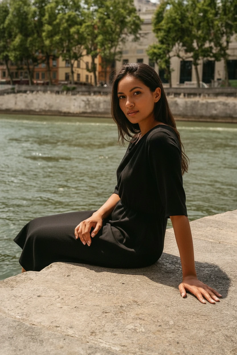 Create a photo of the woman in image 1, but in the camera composition and film photo filter style from image 2, with the woman from image 1 siting on the edge of the river bank of image 2 with one hand touching the floor supporting the body like the man's posture, wearing a black dress, with natural sun light coming from the side, in a film camera style with soft grains, 90s photo style, shot in the same angle and fov as image 2, warm tone with accurate white balance.