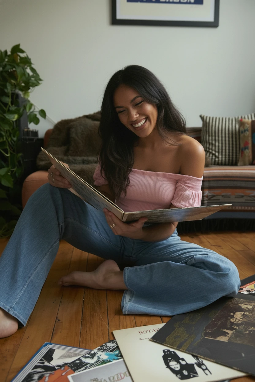 Create a photo of the woman in image 1, but in the camera composition and film photo filter style from image 2, with the woman sitting on the floor of image 2 like the man's posture with a big smile and album cover in her hands, in a film camera style with soft grains, 90s photo style, shot in the same angle and fov as image 2, warm tone on the bright surface, and cool tone in the shadows with accurate white balance.
