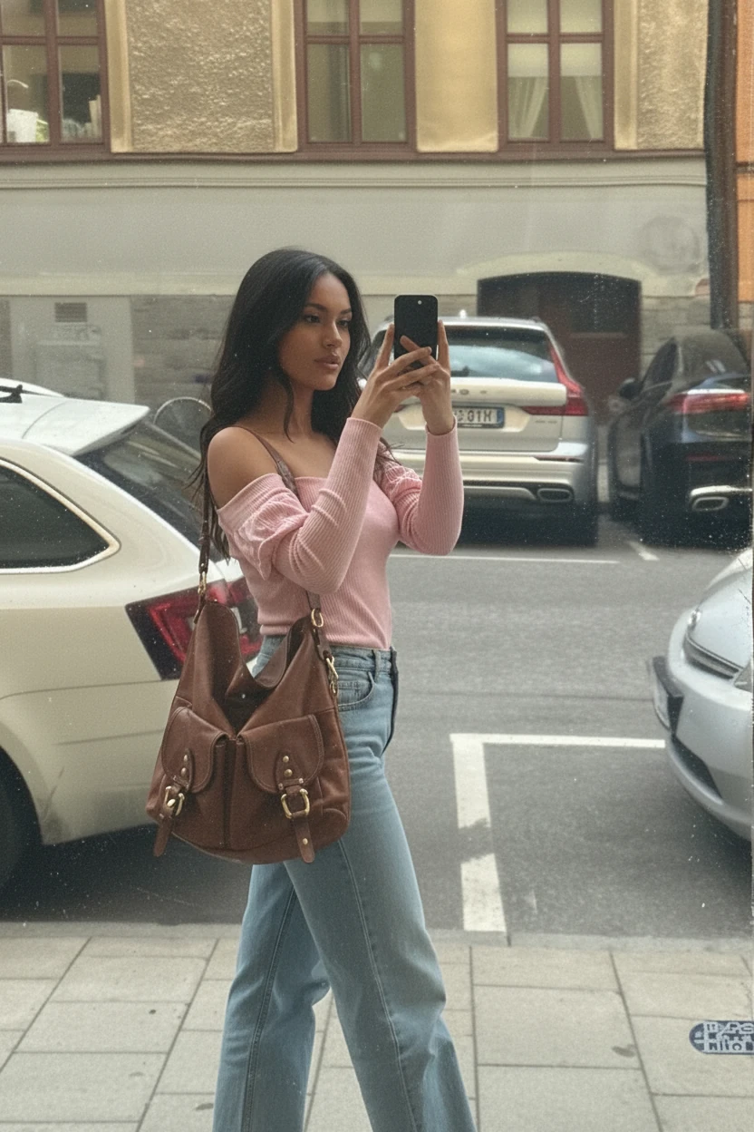 Create a photo of the woman in image 1, but in the camera composition and film photo filter style from image 2, with the woman walking on the street from image 2 like the man's posture holding the phone, in a phone camera style with soft grains, shot in the same angle and fov as image 2