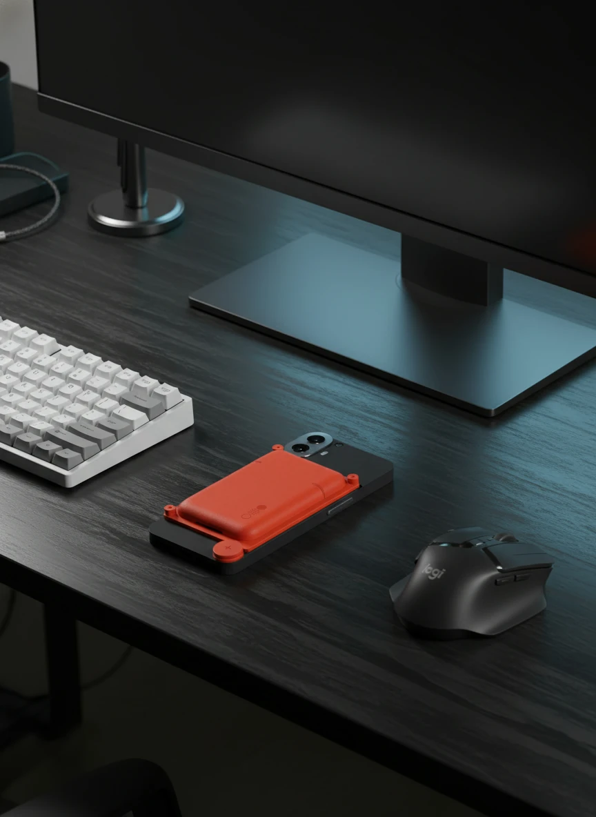 Lay this phone from image 1 flat onto a black wooden desk with isometric rendering view, put it next to a white hhkb keyboard from image 3 and logi mx master 4 mouse from image 2, with a monitor and other desktop items, with premium desk materials, main lighting from the monitor with dark environment. the phone is between the keyboard and the mouse. With the FOV mainly focus on the phone (with the phone occupying about 2/3 of the pooto), and the rest items are partially shown in the view. Create a photo realistic shot.