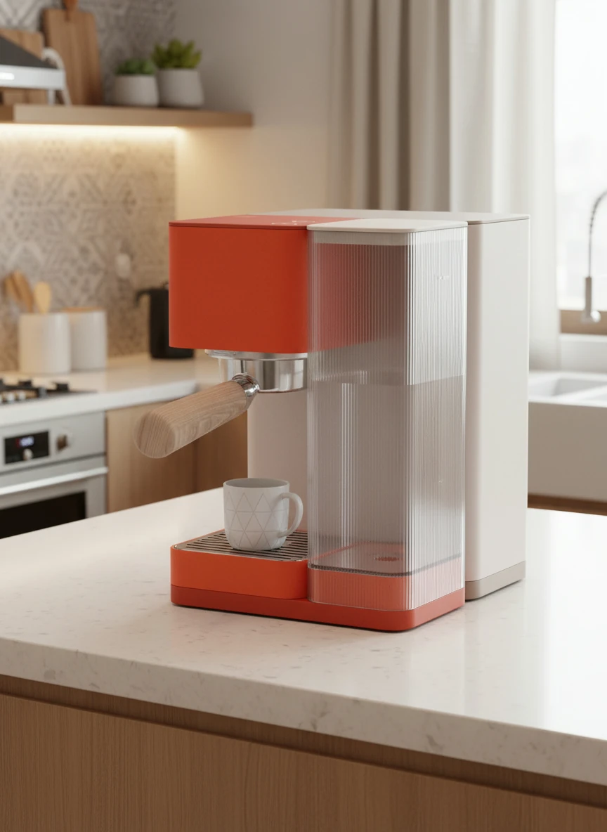 Place this coffee machine on a counter top against a wall, with a designer decor of the room, and the FOV is primarily focus on the product like the reference image with slightly altered angle/perspective.