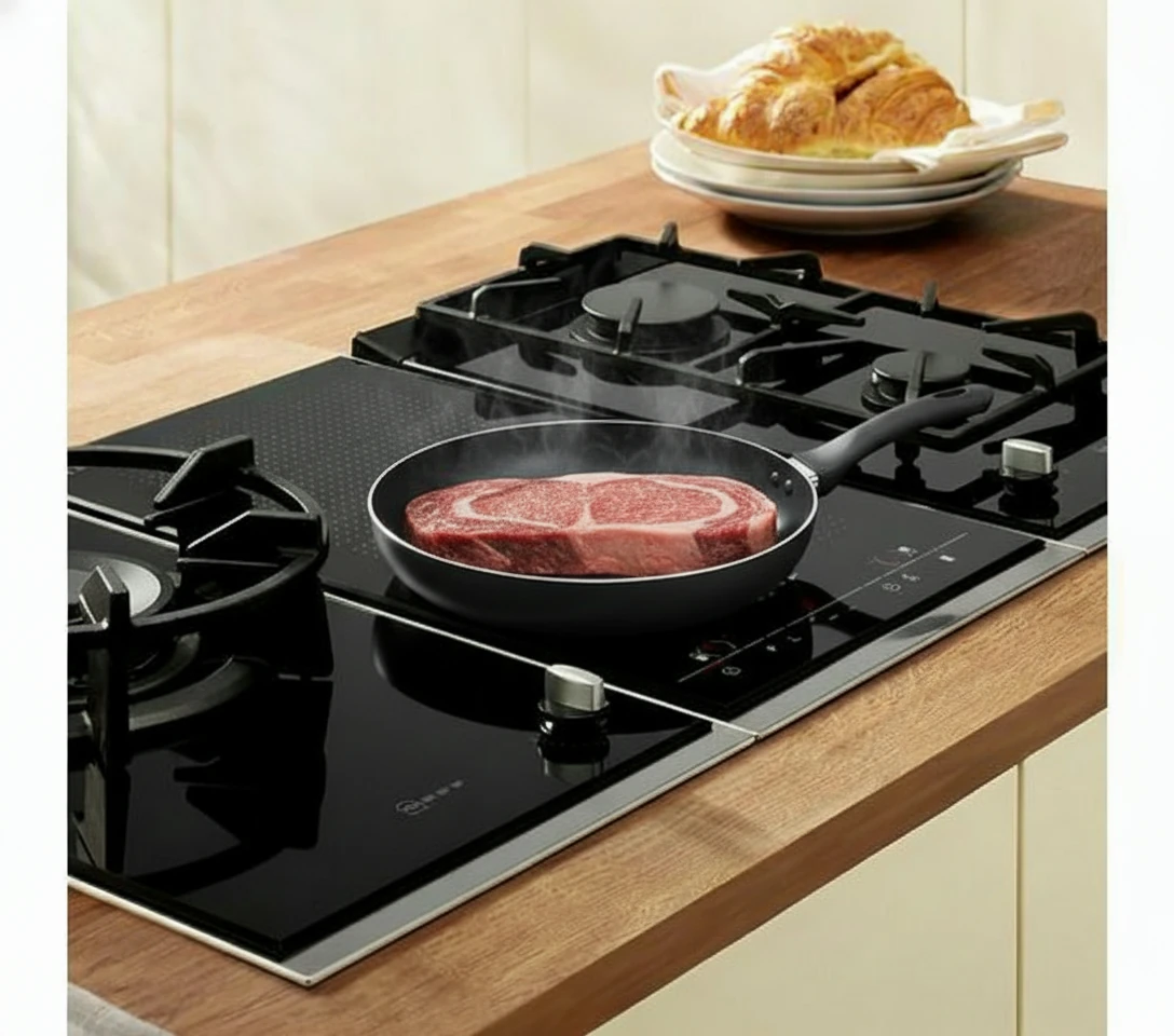 place a steak being heated in the pan