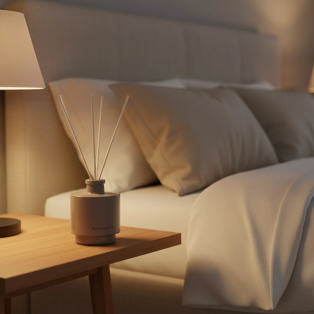 A cozy bedroom evening scene with the taupe WILD BAMBOO diffuser placed on a wooden bedside table. Camera at a soft three-quarter angle, slightly above the table, focused on the diffuser. Warm ambient lighting from a bedside lamp casts gentle shadows and a subtle glow on the ceramic surface with the front of the diffuser being bright enough to see the material and text on it. Background shows blurred elements of a neatly made bed with neutral linens with premium material, a fabric headboard, and soft textures. Light falloff is warm and intimate, creating a calm, cozy nighttime atmosphere. The diffuser is the clear focal point with shallow depth of field.