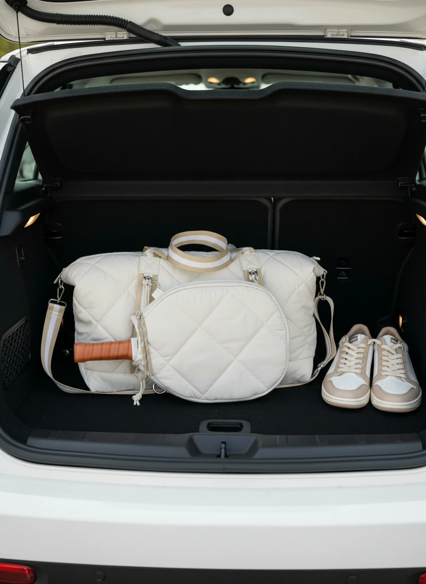 A realistic scene showing the quilted white travel bag placed inside the rear trunk of a MINI, positioned at the center. The trunk interior is dark charcoal fabric, creating strong contrast so the white bag stands out as the focal point. Camera uses a wide FOV from outside the open trunk, angled slightly downward, emphasizing the depth of the cargo area. Natural daylight illuminates the scene from behind and above, casting soft highlights on the bag. One pair of neutral-colored trainers sit off to the side, slightly blurred, while the bag remains in sharp focus. Clean, modern, practical travel vibe.