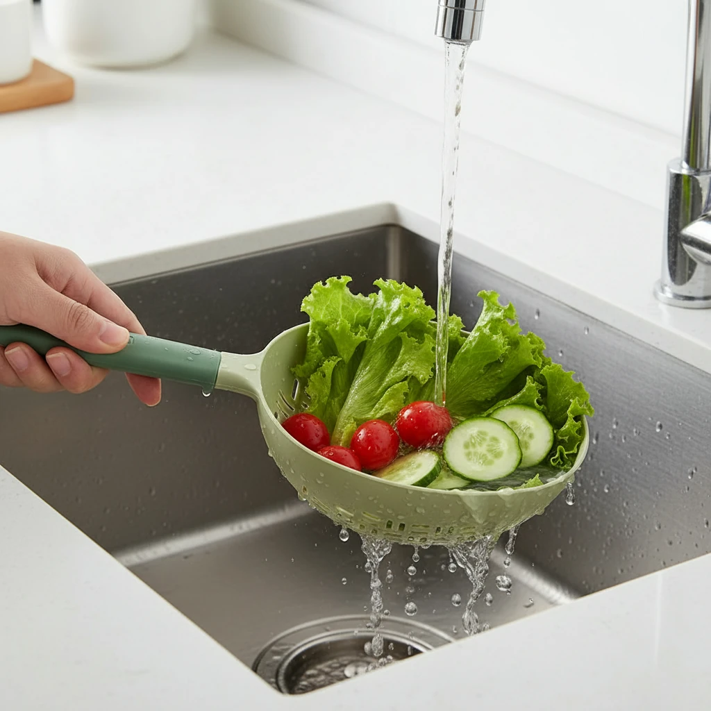 A realistic kitchen sink scene featuring the green handheld colander being held by a person’s hand at the handle. The colander is tilted slightly forward over a stainless-steel sink as water flows through the perforated bottom, rinsing fresh vegetables inside (lettuce, cherry tomatoes, cucumber slices). Camera angle is a close three-quarter view, slightly above the colander, capturing water motion and droplets. Soft natural daylight from the left, subtle reflections on the metal sink, clean modern countertop, background softly blurred. No face visible, only a hand holding the handle, demonstrating usage clearly. Preserve the geometry and shape of this colander