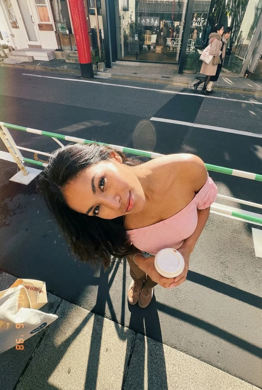 Create a photo of the woman in image 1, but in the camera composition and film photo filter style from image 2, with the w...